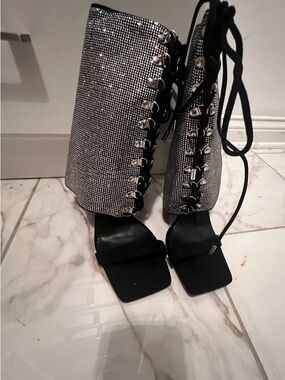 Black Square-Toe Lace-Up Heels with Silver Crystal Shaft